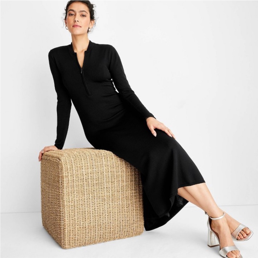 Future Collective Long Sleeve Zip Front Black Knit Midi Dress